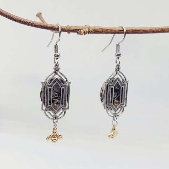 Art Deco Window Earrings with Tiny Gold Bee