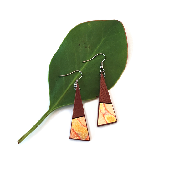 Short Drop Triangle Earrings Red Variegated Gold Foil
