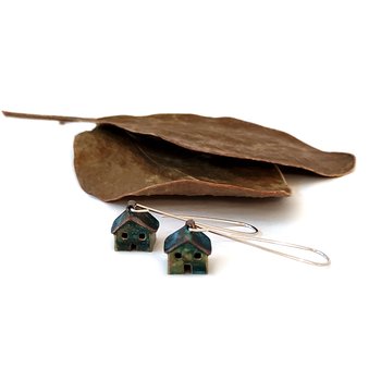 House Earrings Brass Copper Patina Blue-jewellery-The Vault