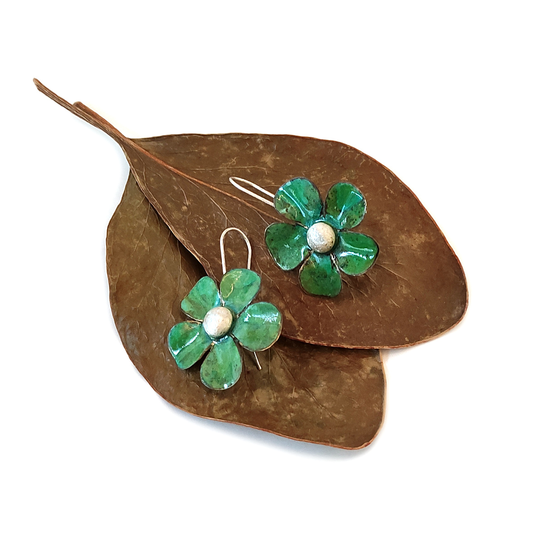 Large Flower Earrings Brass Patina Green