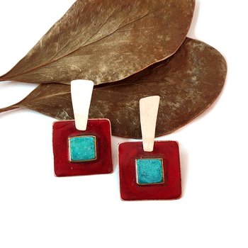 Double Square Earrings Brass Copper-jewellery-The Vault
