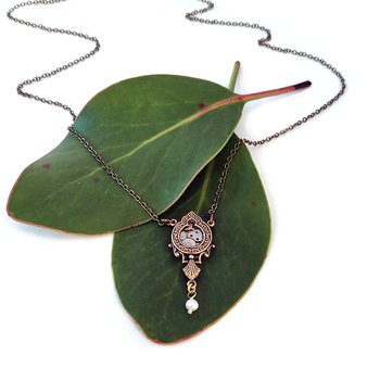 Ornate Teardrop Pendant with Freshwater Pearl Brass-jewellery-The Vault