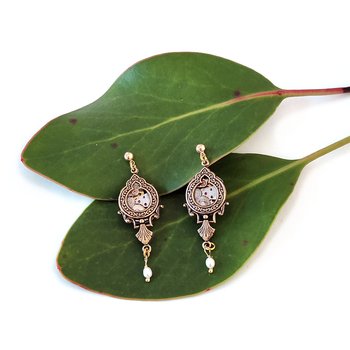 Ornate Teardrop Earrings with Freshwater Pearl Brass-jewellery-The Vault