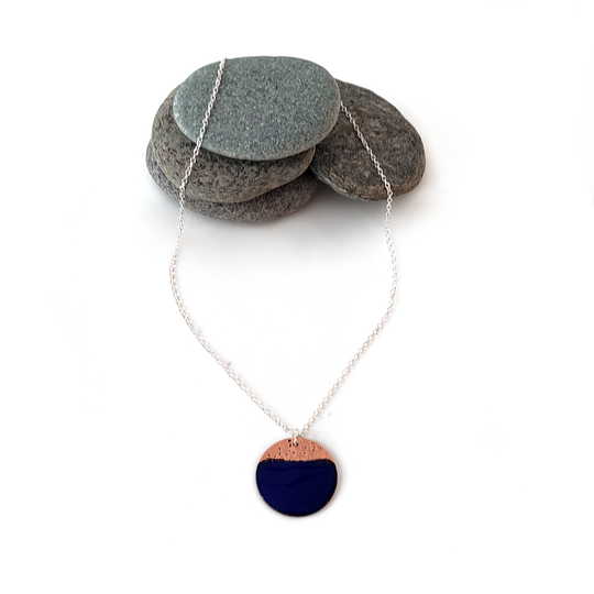 Enamel and Hammered Copper Circle Pendant Blue