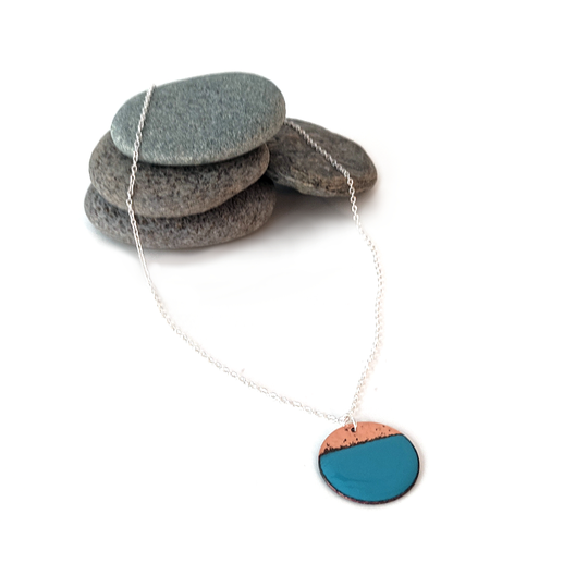 Enamel and Hammered Copper Circle Pendant Turquoise