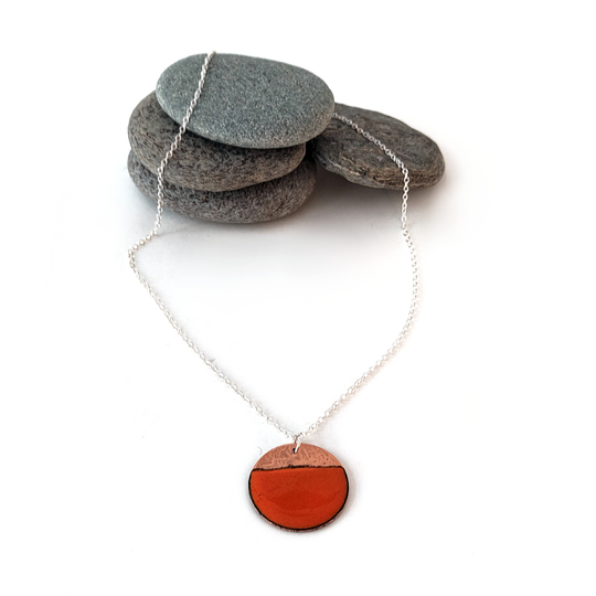 Enamel and Hammered Copper Circle Pendant Orange