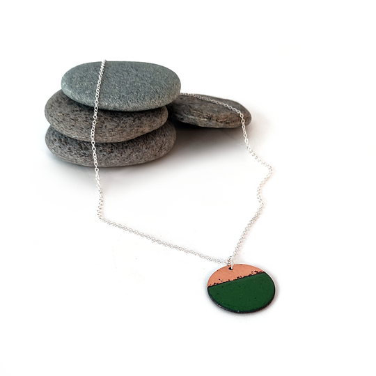 Enamel and Hammered Copper Circle Pendant Green