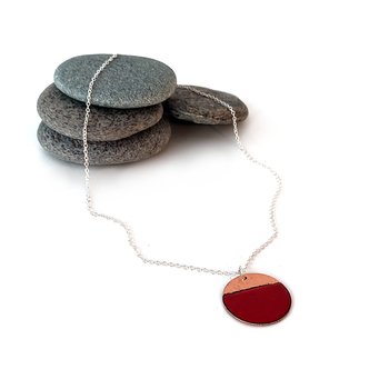 Enamel and Hammered Copper Circle Pendant Red-jewellery-The Vault