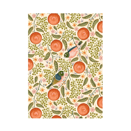 Cream Waxeyes & Mandarins Tea Towel