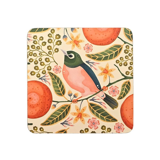 Cream Waxeyes & Mandarins Square Coaster Single