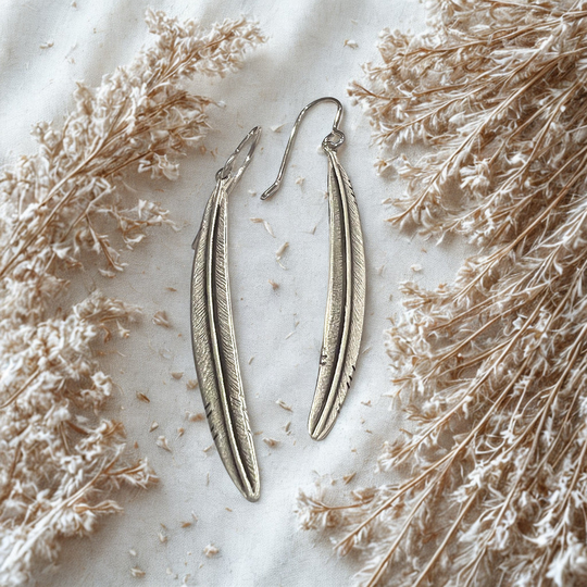 Feather Earrings Brushed Silver