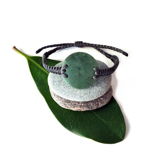 Pounamu Bracelet Disc Adjustable Dark Grey Cord