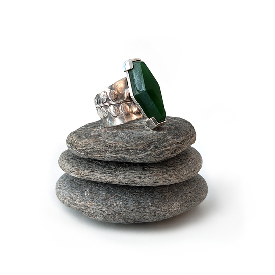 Facet Pounamu on Kowhai Cuff Ring