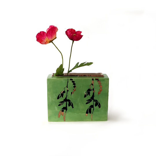 Flat Rectangular Green Luster Vase