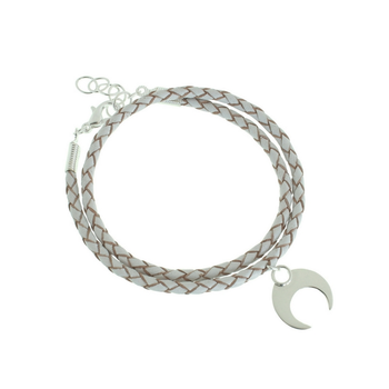 Leather Bracelet Dble White Stg Crescent