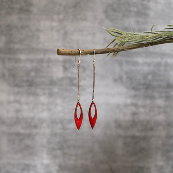 Long Single Leaf Earrings Silver Red