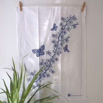 Blue Manuka on White Teatowel