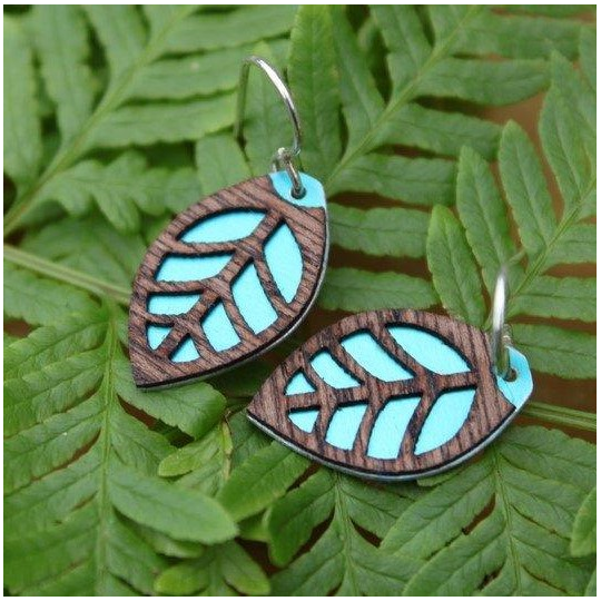Laser Veneer Earrings Leaf Teal